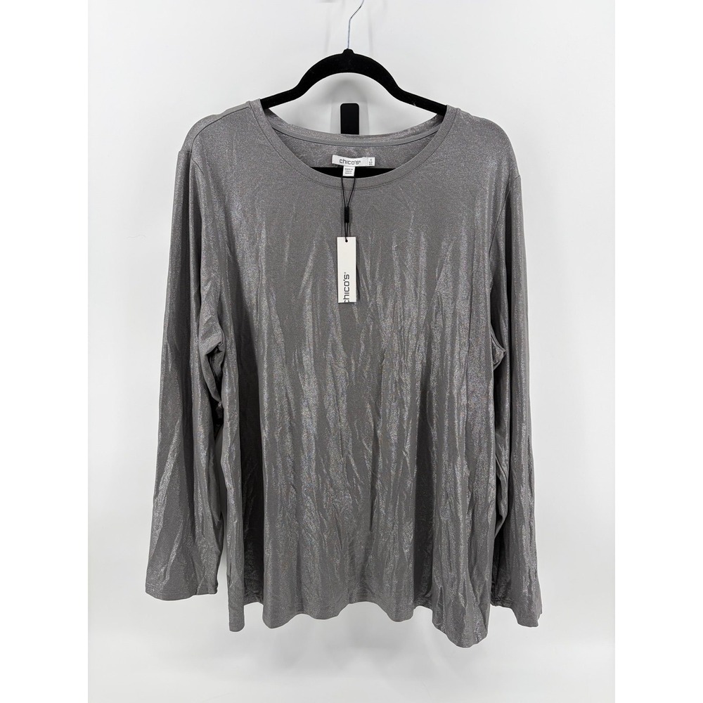 Chico's, Silver Metallic, The Ultimate Tee, Long Sleeve Top, Size 4 (20-22), NWT